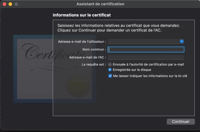 Enregitrée sur le disque le certificat